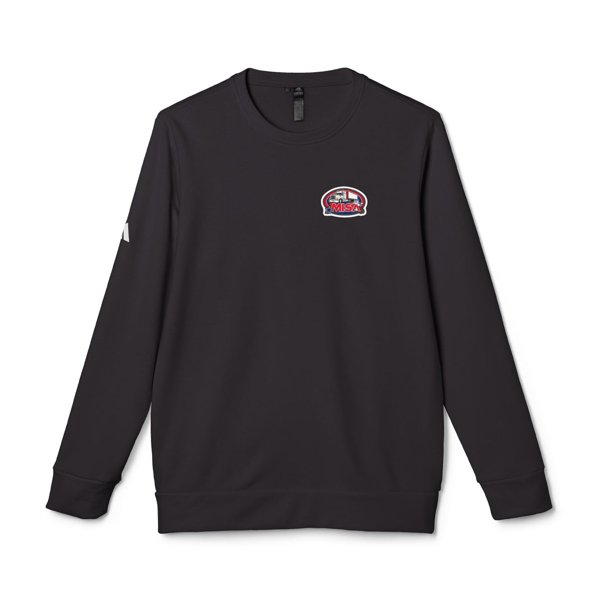 Black Adidas unisex fleece crewneck sweatshirt with humorous trucking design featuring the word "Sir" displayed prominently.
