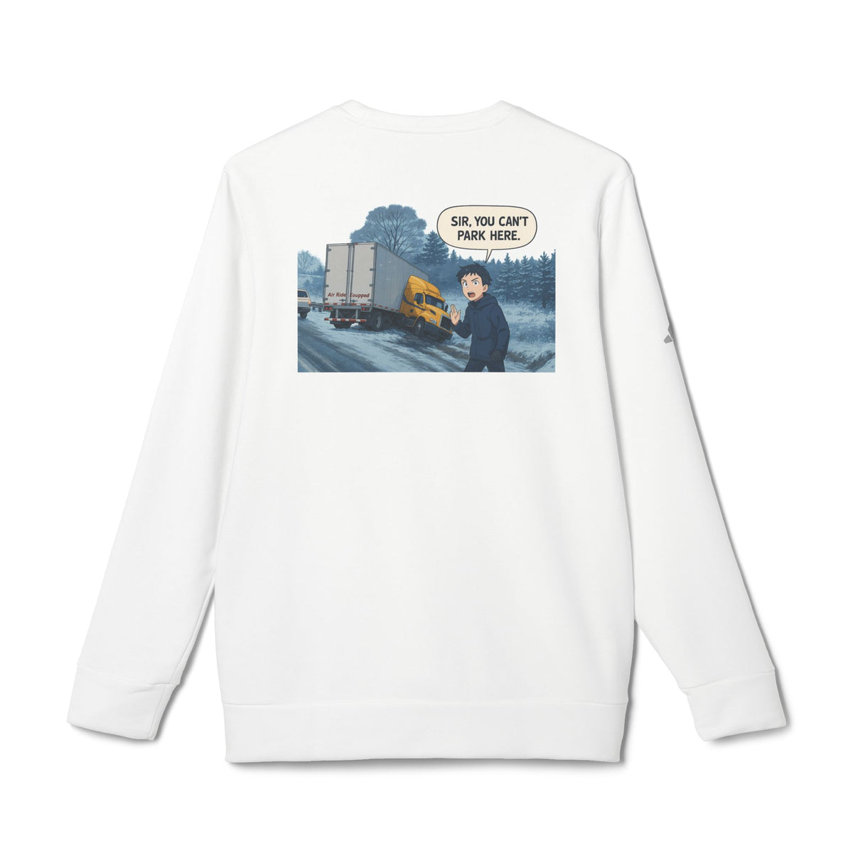 Black Adidas unisex fleece crewneck sweatshirt featuring humorous trucking design and "Sir" print on the front.