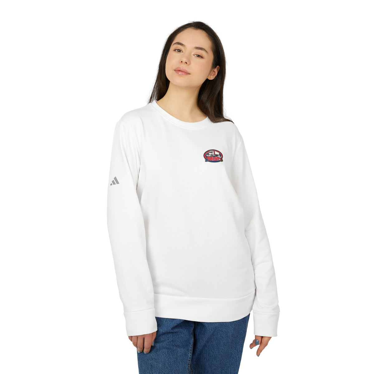 Black Adidas unisex fleece crewneck sweatshirt with humorous trucking design, featuring a fun graphic on the front.