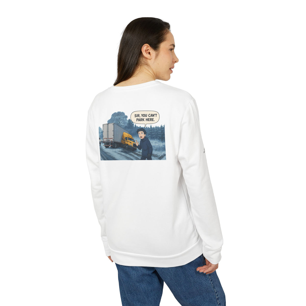 Black Adidas unisex fleece crewneck sweatshirt with humorous trucking design featuring Sir, casual and comfortable apparel.