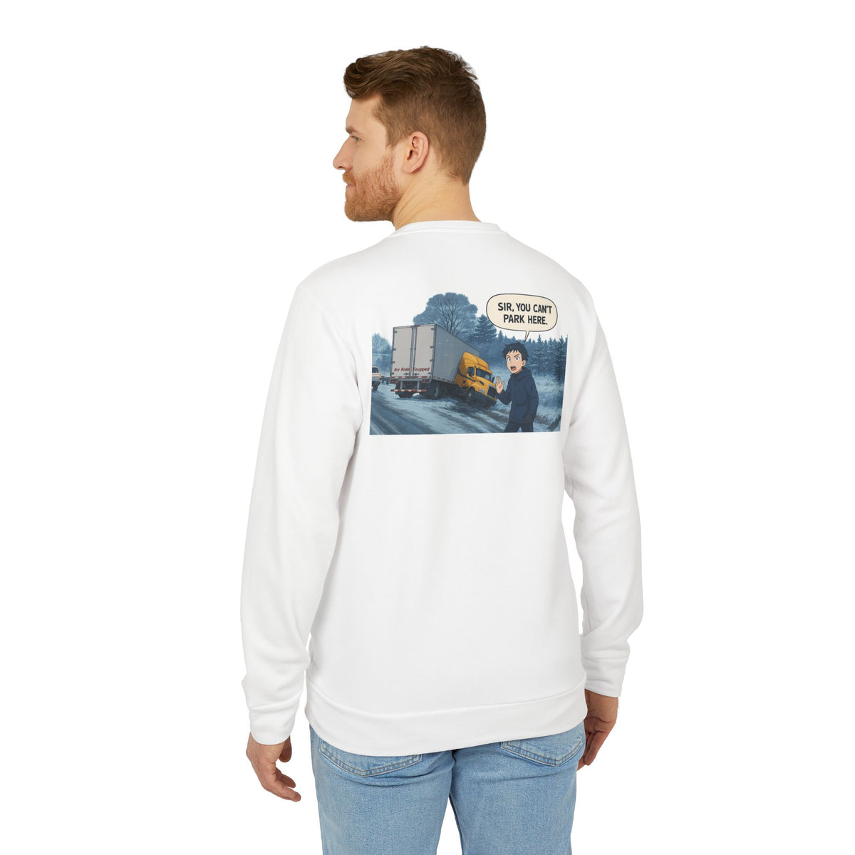 Black Adidas unisex fleece crewneck sweatshirt featuring a humorous trucking design with the word "Sir".