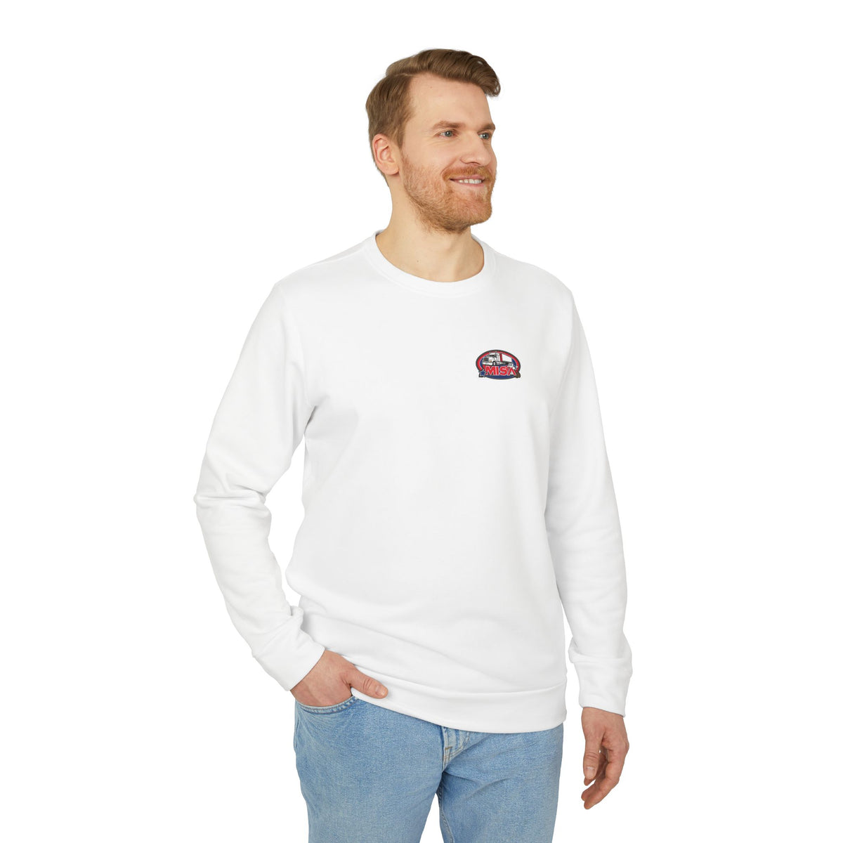 Black Adidas unisex fleece crewneck sweatshirt with humorous trucking design, featuring a crewneck style and printed graphic.