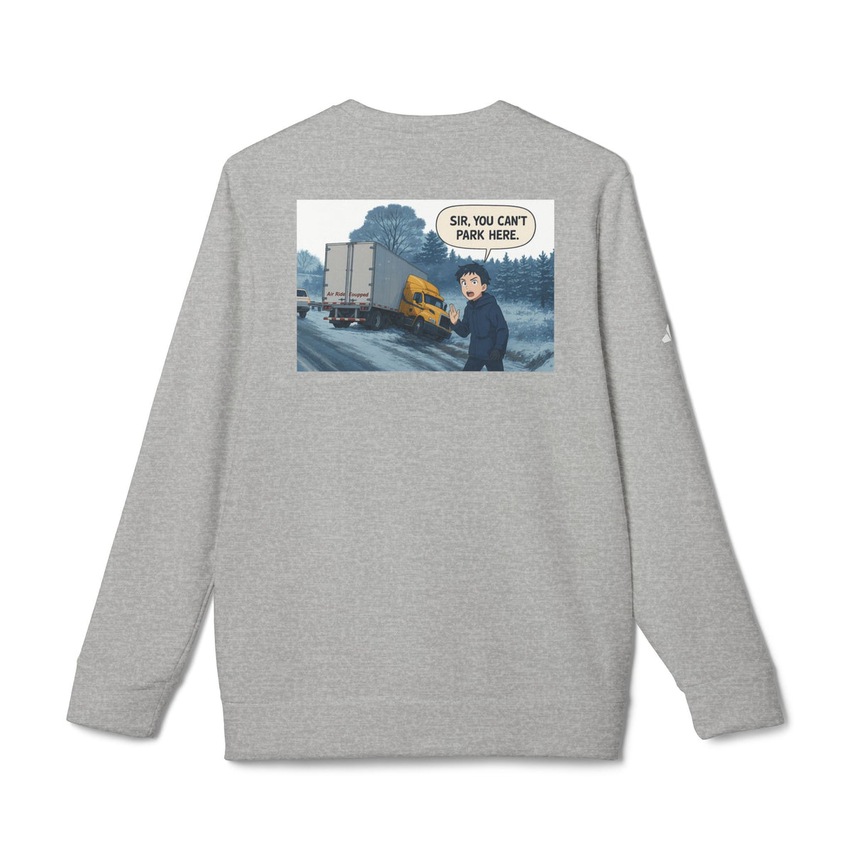 Black Adidas unisex fleece crewneck sweatshirt featuring humorous trucking design with "Sir" text, casual and comfortable apparel.