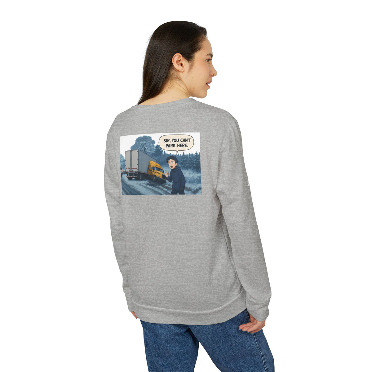 Black Adidas unisex fleece crewneck sweatshirt with humorous trucking design featuring Sir, shown laid flat.