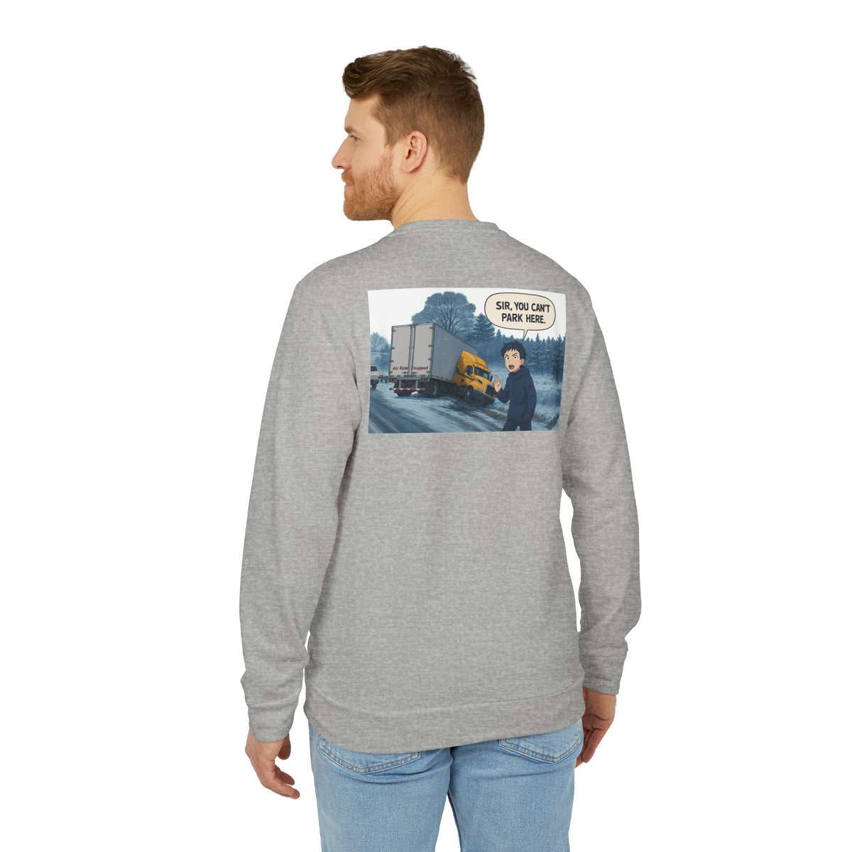 Black Adidas unisex fleece crewneck sweatshirt with humorous trucking design, featuring a playful "Sir" graphic.