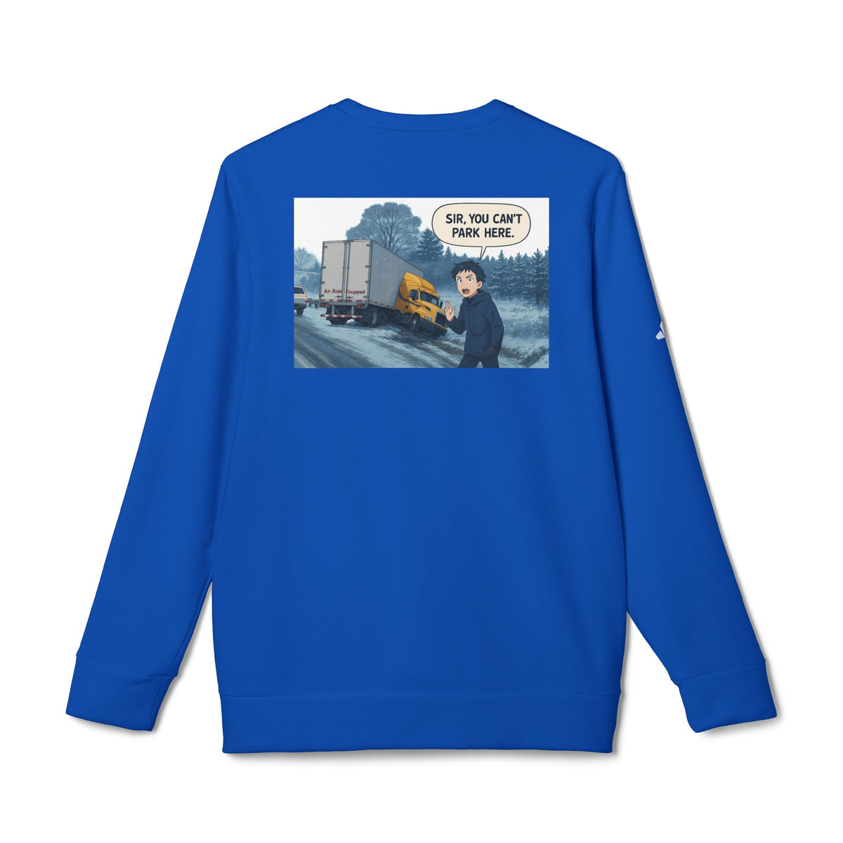 Black Adidas unisex fleece crewneck sweatshirt with humorous trucking design, featuring a Sir graphic on the front.