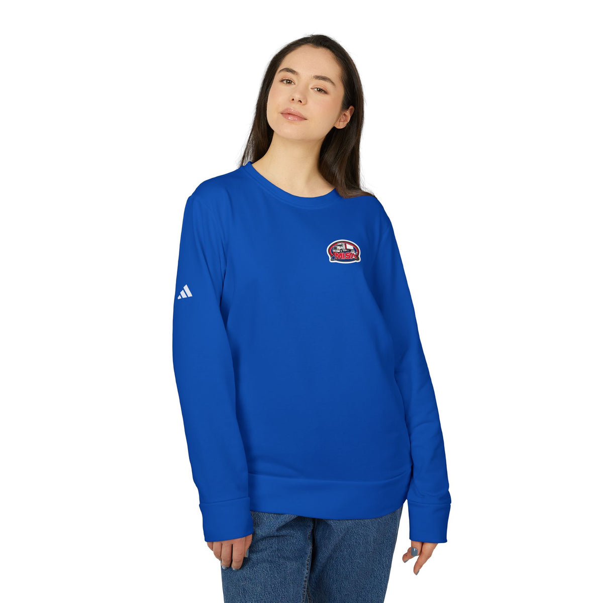 Black Adidas unisex fleece crewneck sweatshirt featuring a humorous trucking design and the word "Sir".