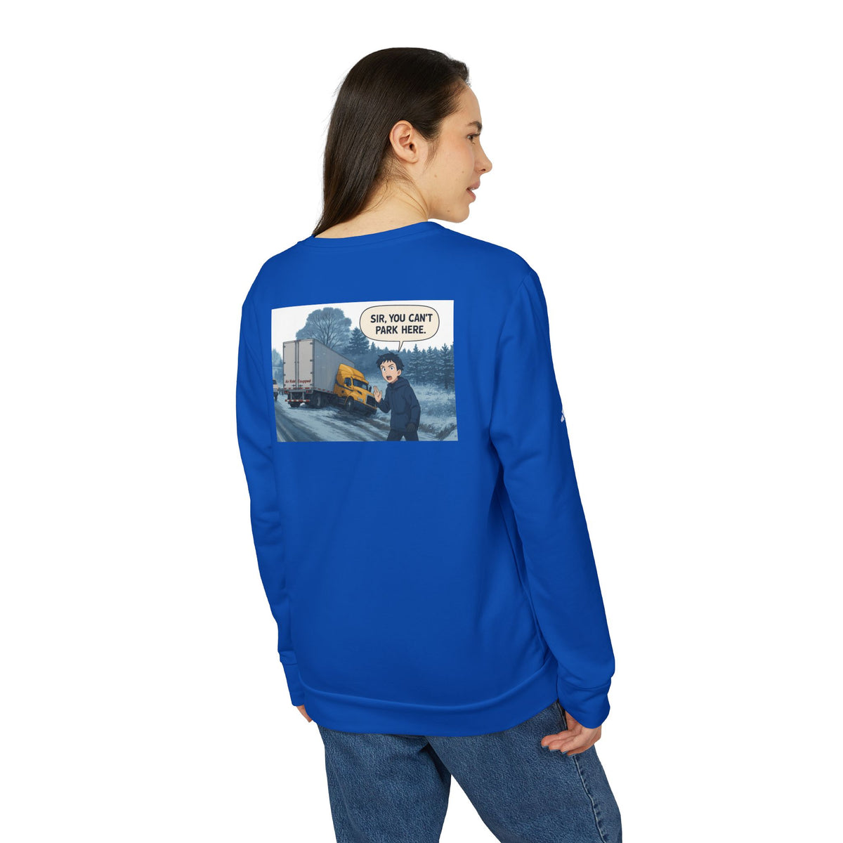 Black Adidas unisex fleece crewneck sweatshirt featuring a humorous trucking design, displayed flat with visible logo and crewneck detail.