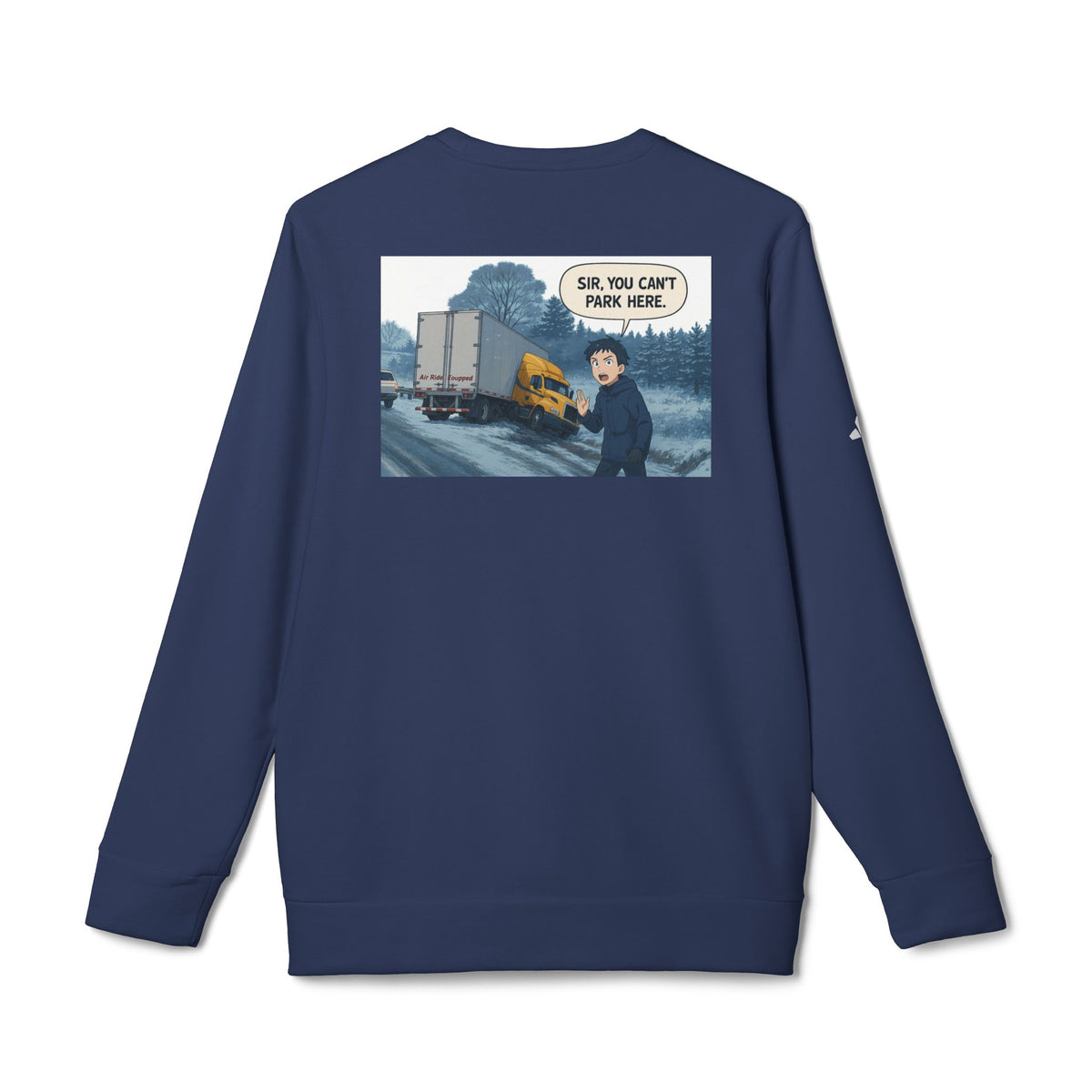 Black Adidas unisex fleece crewneck sweatshirt with humorous trucking design featuring the word "Sir."