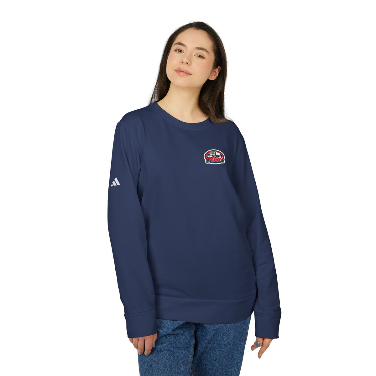 Black Adidas unisex fleece crewneck sweatshirt featuring a humorous trucking design, showcasing a fun graphic on the front.