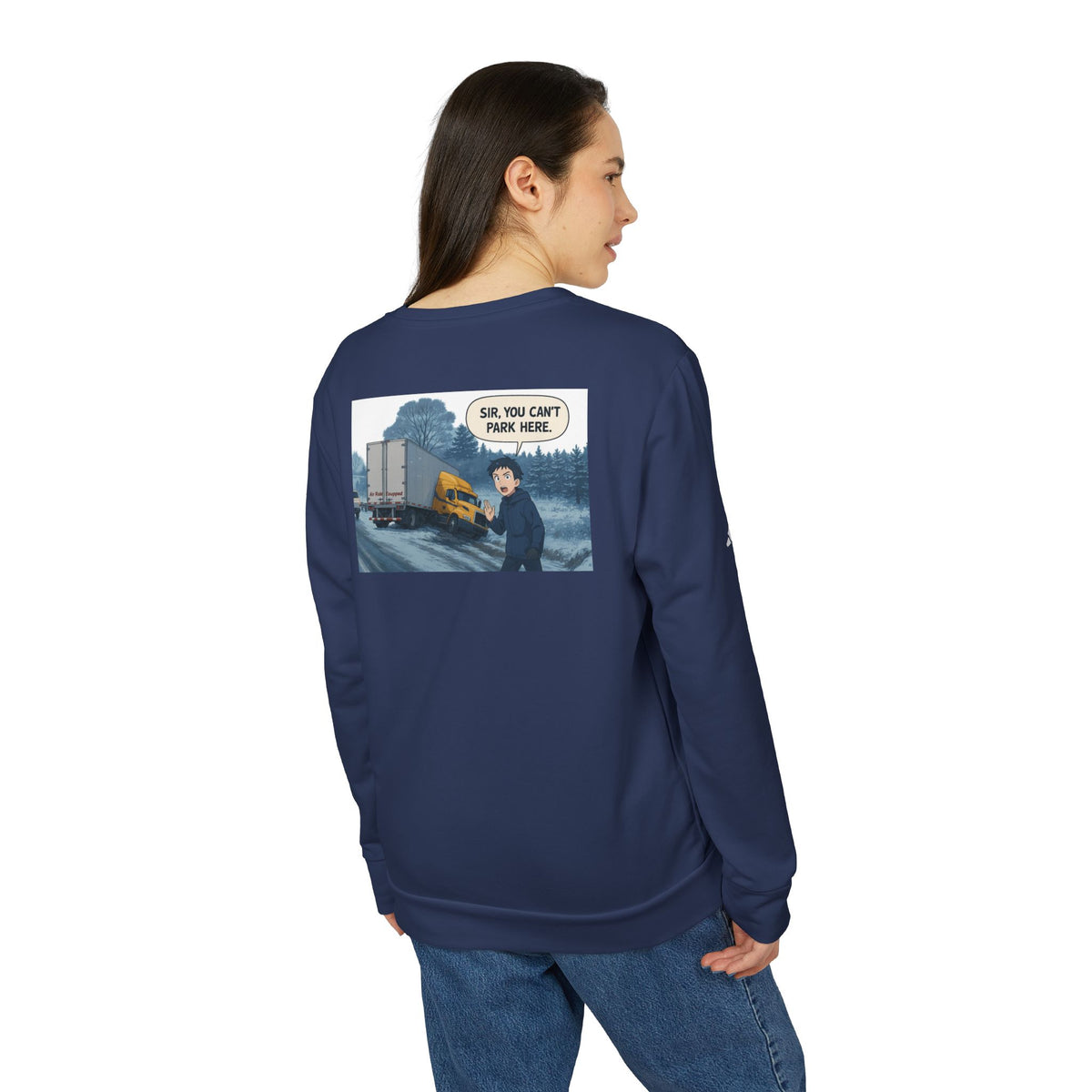 Black Adidas unisex fleece crewneck sweatshirt featuring a humorous trucking design, perfect for casual wear.