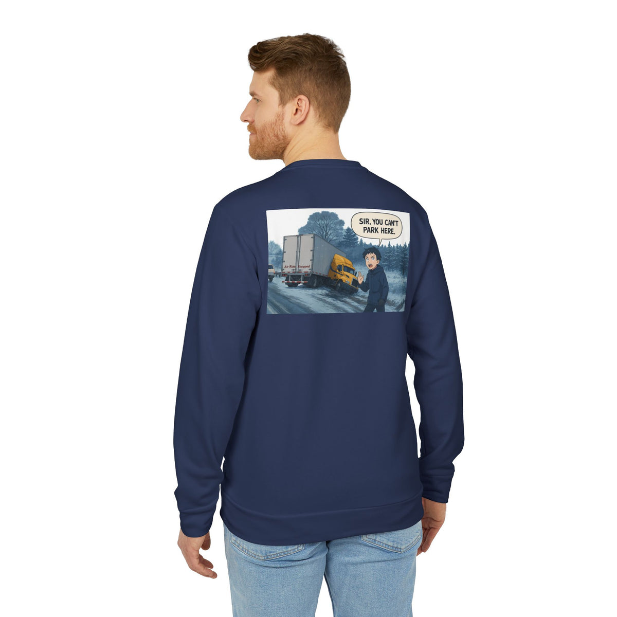 Black Adidas unisex fleece crewneck sweatshirt featuring a humorous trucking design and "Sir" text on the front.