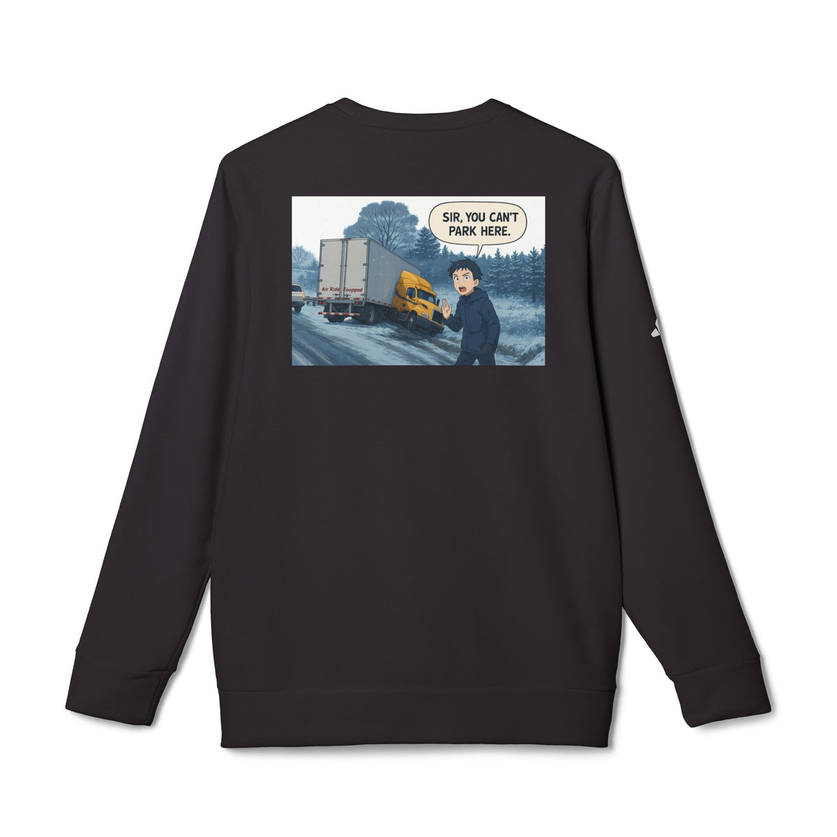 Black Adidas unisex fleece crewneck sweatshirt with humorous trucking design, featuring printed graphics and a comfortable fit.