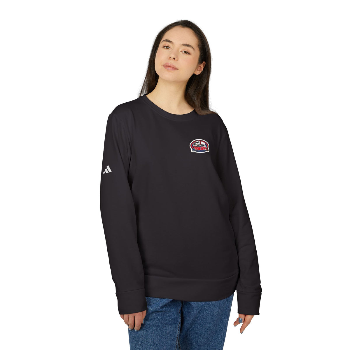 Black Adidas unisex fleece crewneck sweatshirt with humorous trucking design featuring the word "Sir" on the front.