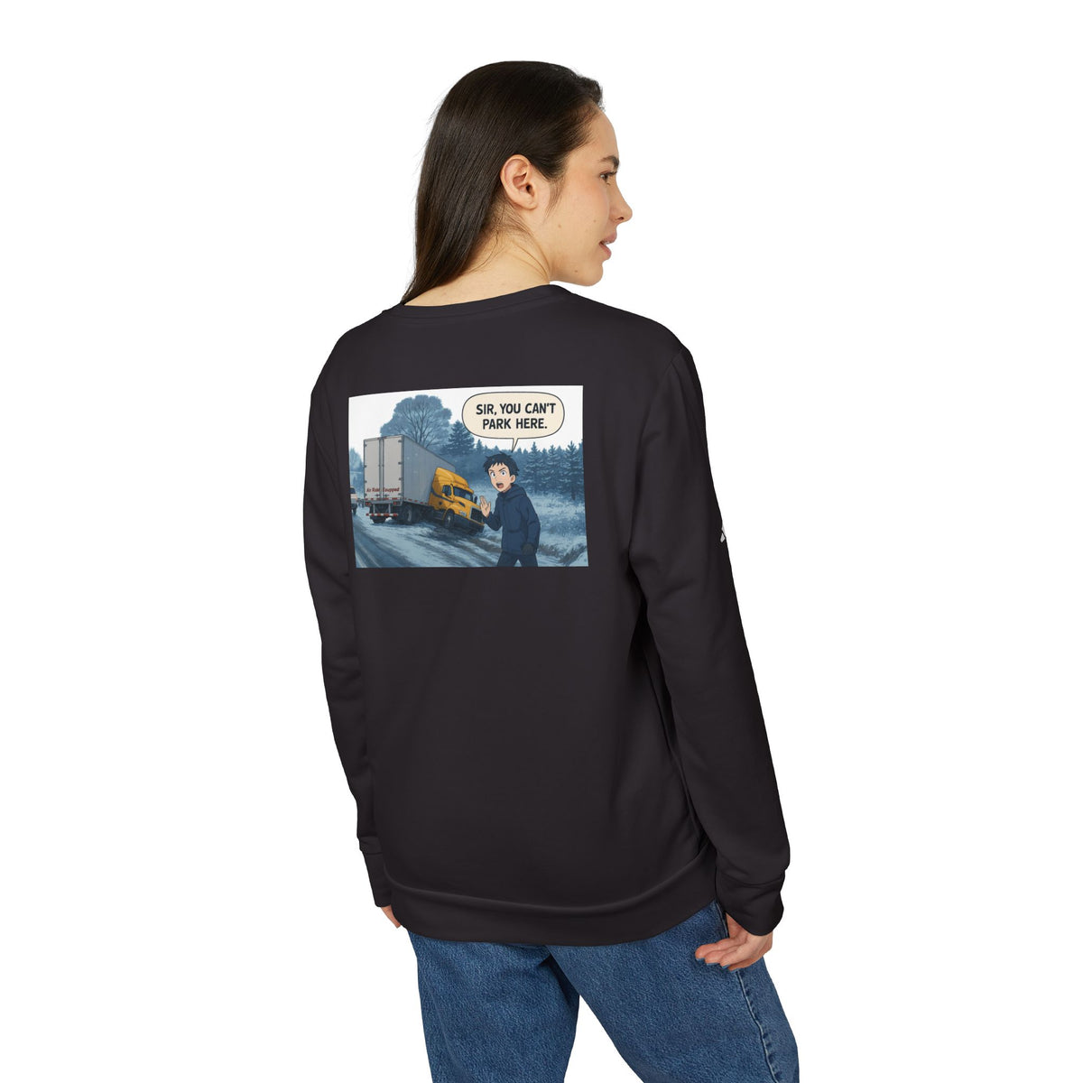 Black Adidas unisex fleece crewneck sweatshirt with humorous trucking design featuring Sir, shown on a flat lay.