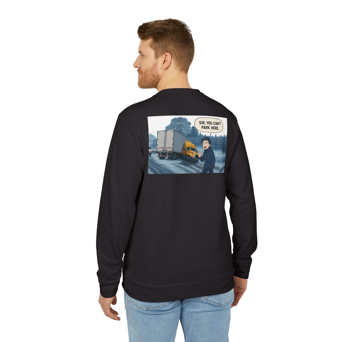 Black Adidas unisex fleece crewneck sweatshirt with humorous trucking design, featuring a fun truck graphic and "Sir" text.