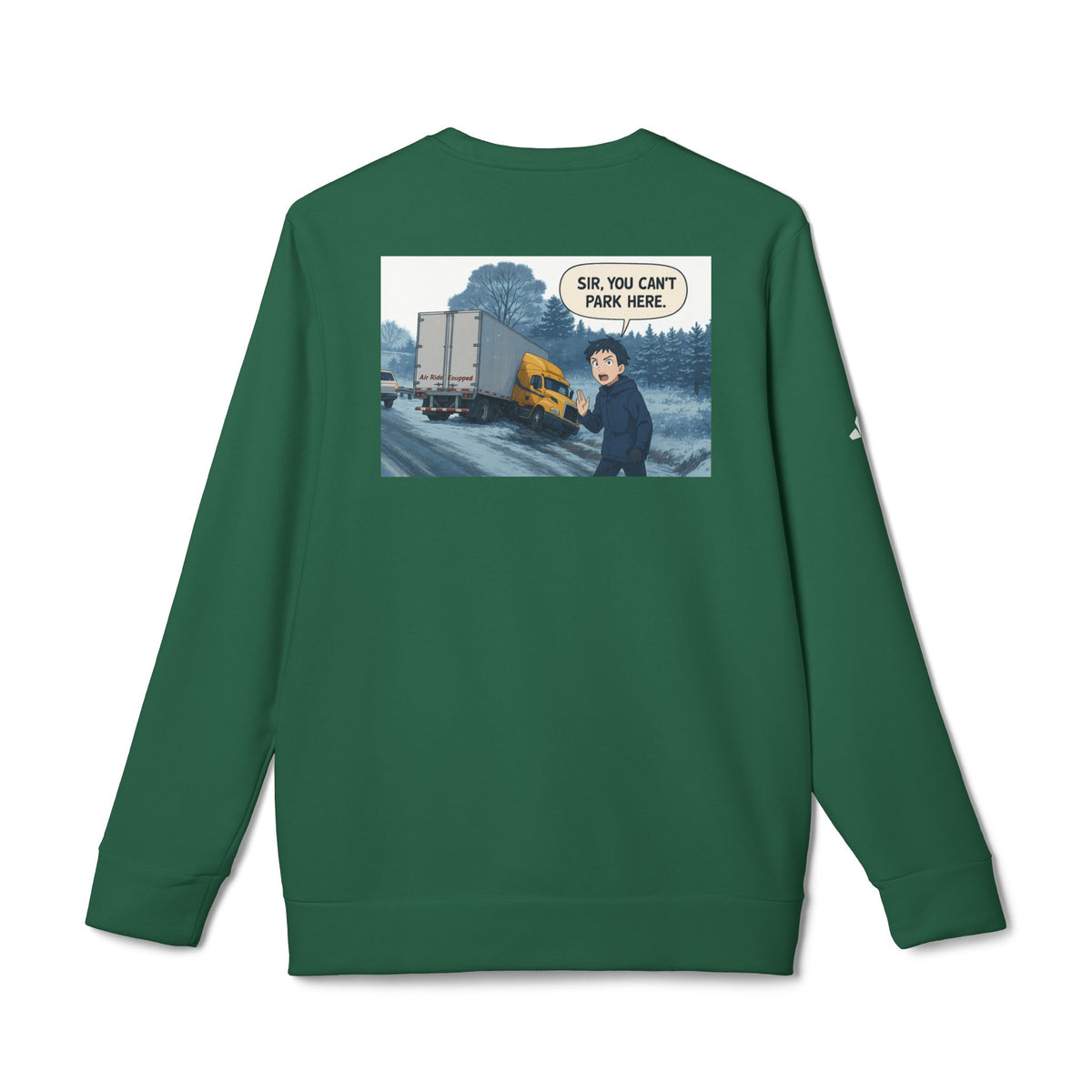 Black Adidas unisex fleece crewneck sweatshirt with humorous trucking design and Sir text, featuring a casual, cozy fit.