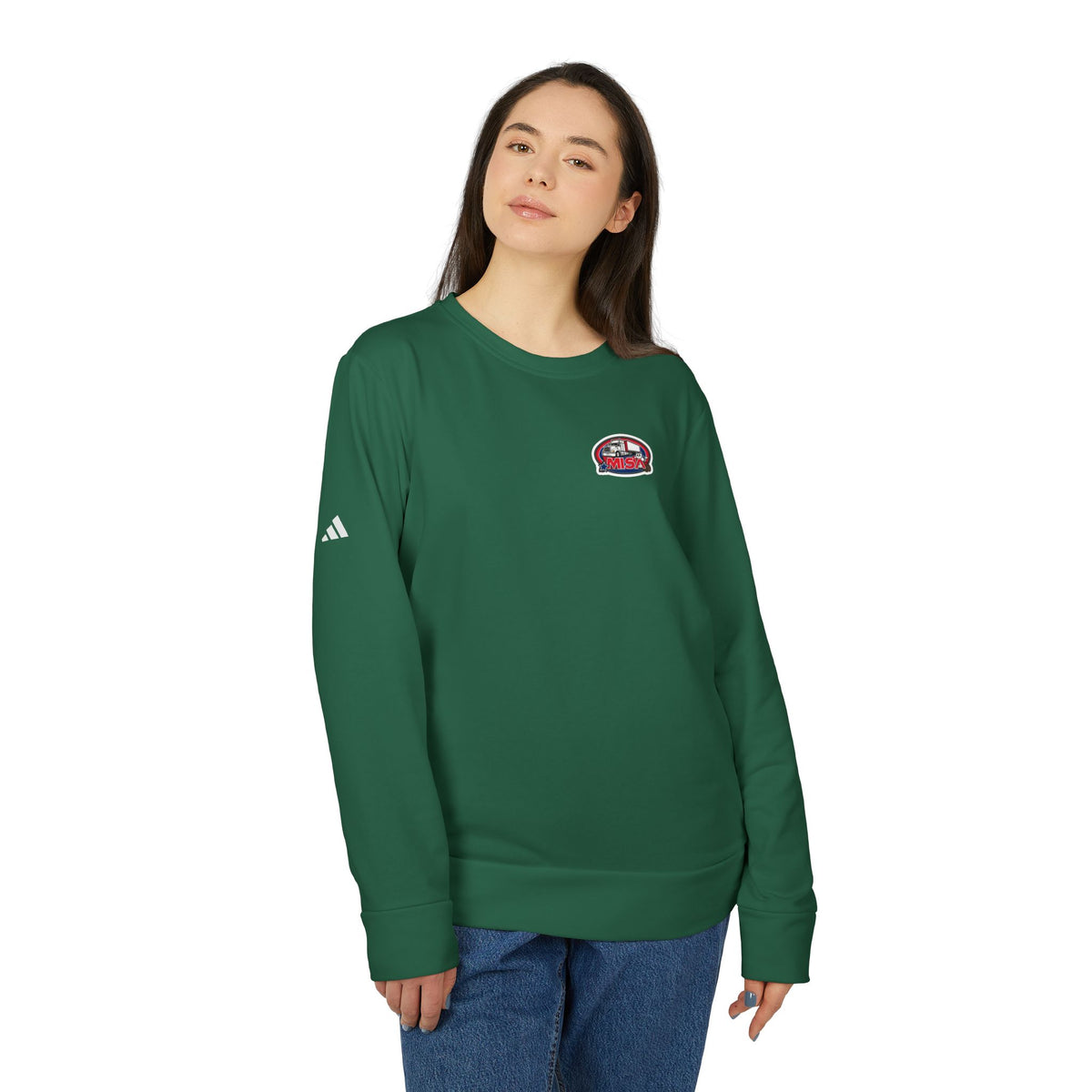 Black Adidas unisex fleece crewneck sweatshirt with humorous trucking design and "Sir" print, casual and comfortable.