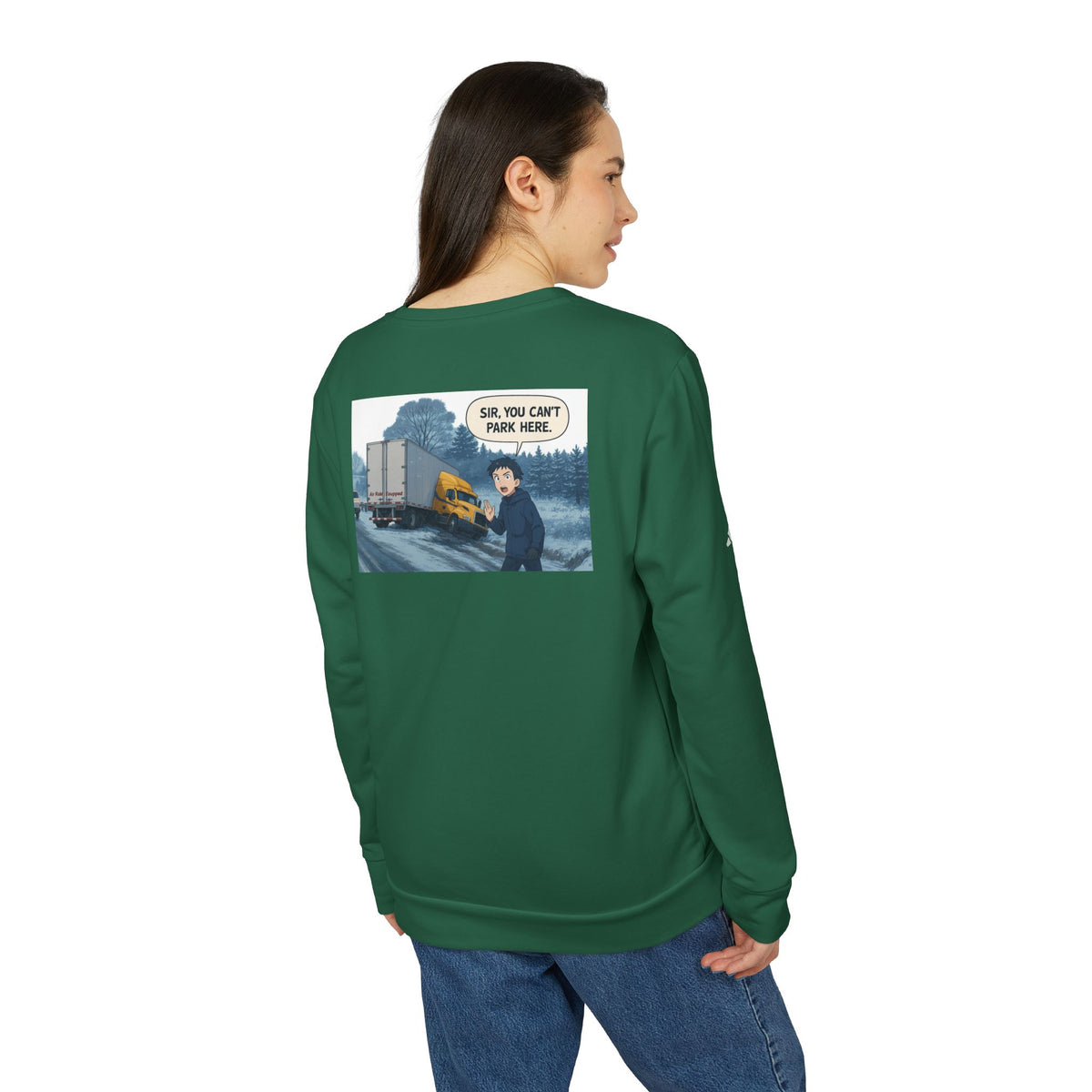 Black Adidas unisex fleece crewneck sweatshirt with humorous trucking design and "Sir" text, shown on a flat lay.