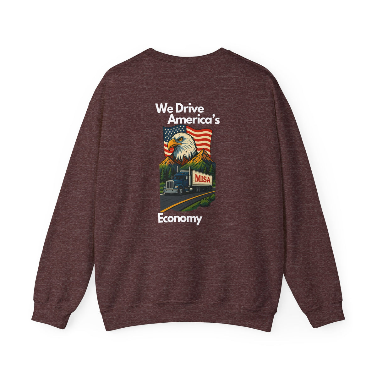 Unisex charcoal patriotic eagle sweatshirt by Printify featuring bold eagle graphic and "We Drive America's Economy" slogan.