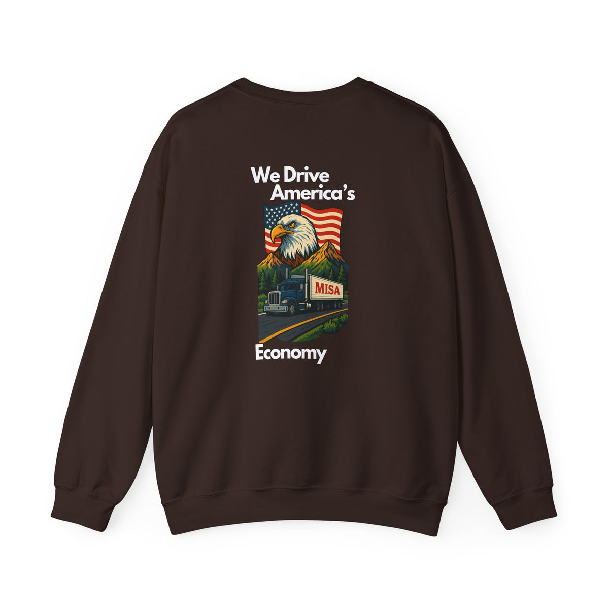 Unisex charcoal patriotic eagle sweatshirt with bold "We Drive America's Economy" slogan, heavy blend crewneck by Printify.