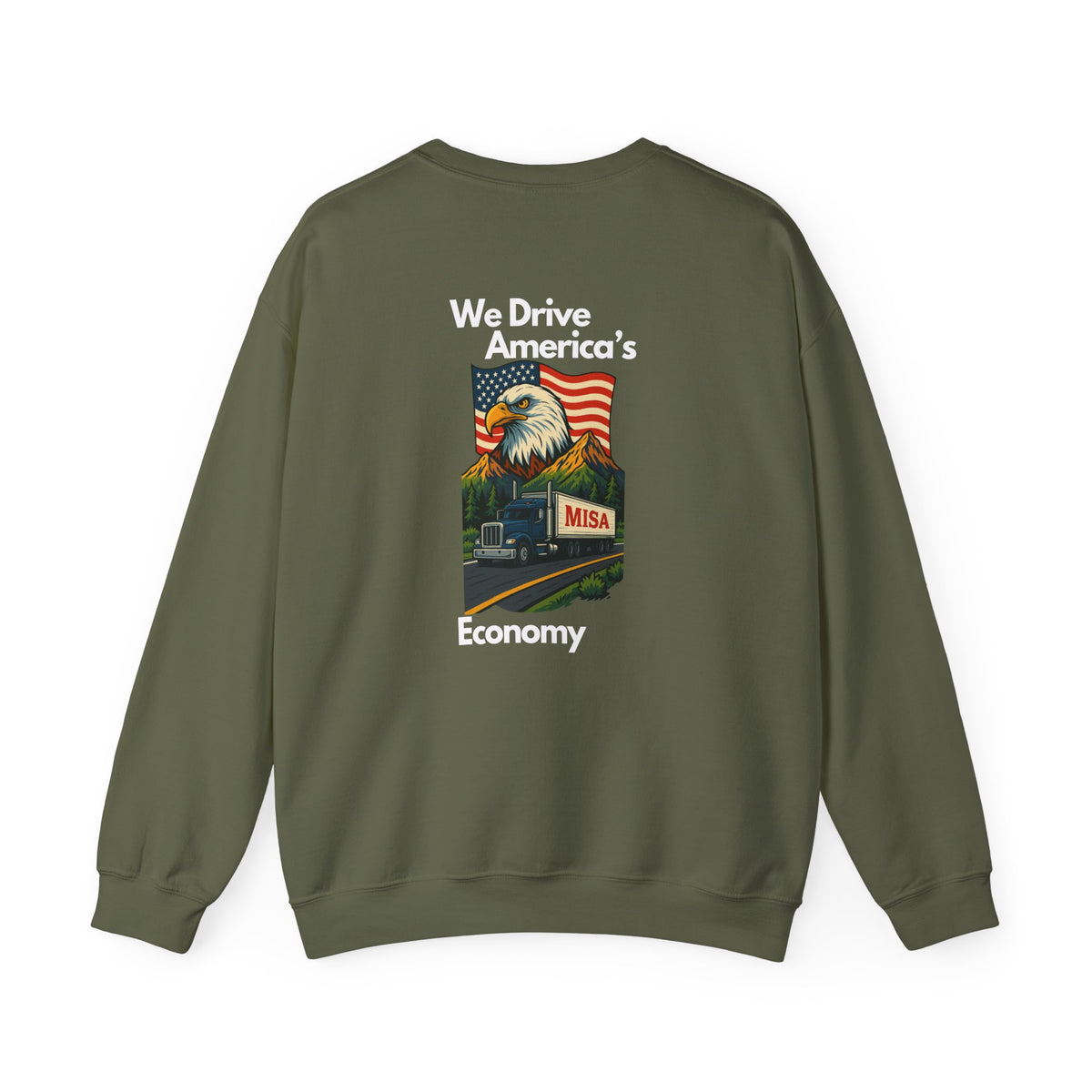 Unisex charcoal patriotic eagle sweatshirt with "We Drive America's Economy" slogan, heavy blend crewneck by Printify.