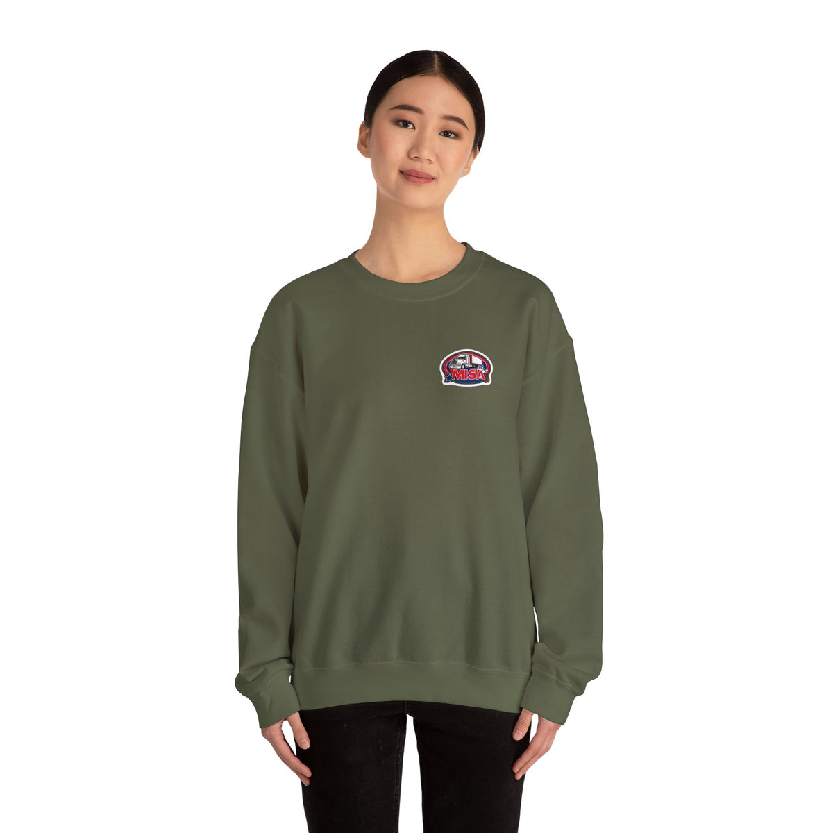 Unisex charcoal patriotic eagle sweatshirt by Printify featuring bold "We Drive America's Economy" text on a heavy blend crewneck.
