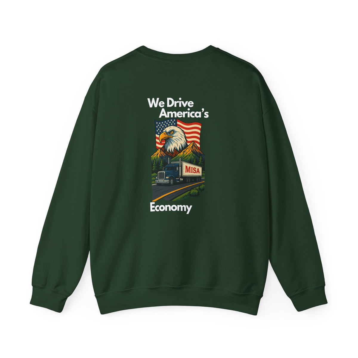Unisex patriotic eagle sweatshirt in charcoal with "We Drive America's Economy" slogan, heavy blend crewneck by Printify