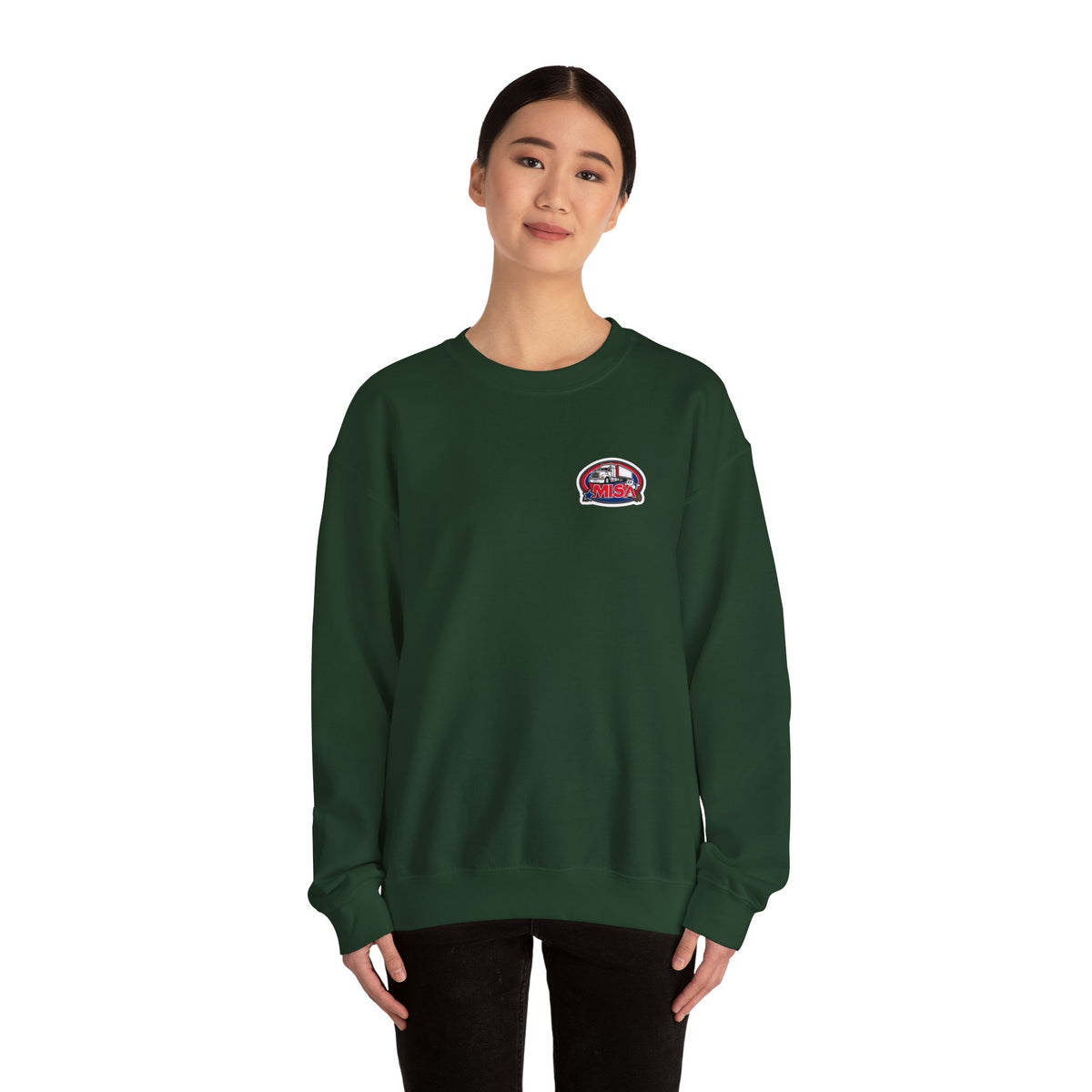 Unisex patriotic eagle sweatshirt in charcoal with "We Drive America's Economy" slogan, heavy blend crewneck by Printify.