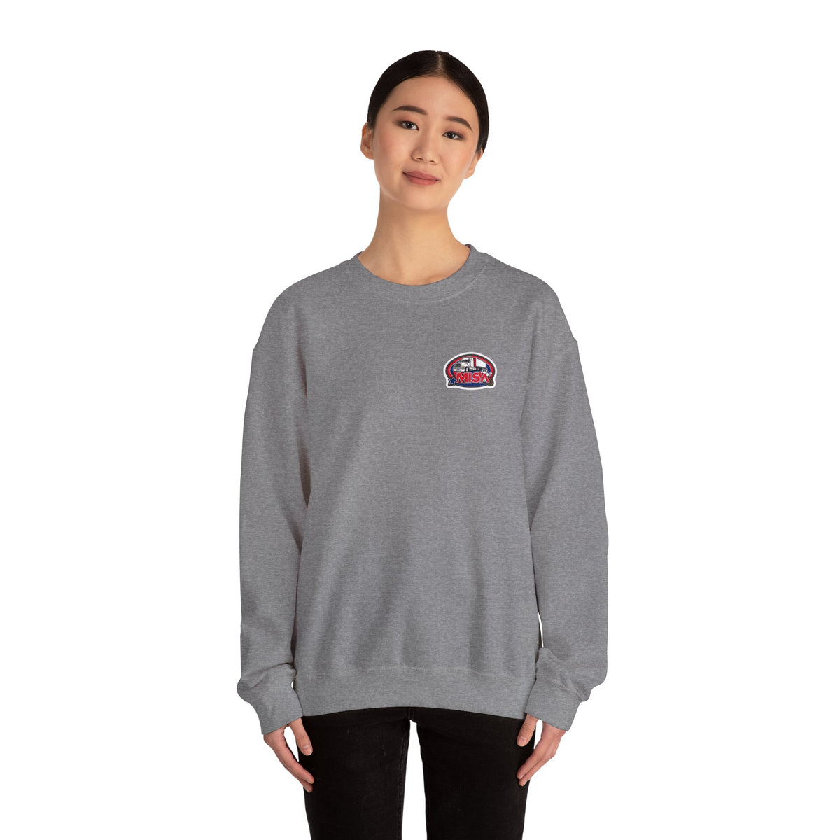 Unisex charcoal patriotic eagle sweatshirt by Printify featuring bold "We Drive America's Economy" text on a heavy blend crewneck.