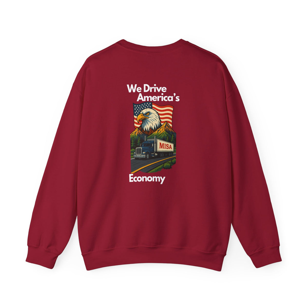Unisex charcoal patriotic eagle sweatshirt by Printify featuring bold eagle graphic and "We Drive America's Economy" text.