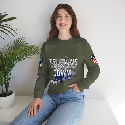 Charcoal trucking meltdown sweatshirt by Printify, featuring a casual fit and graphic design for truck enthusiasts.