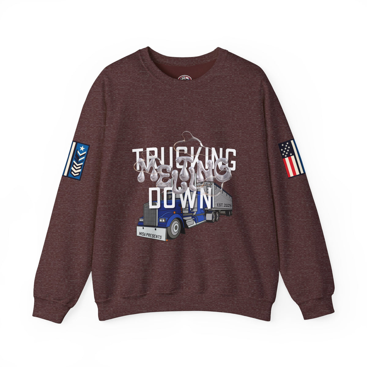 Charcoal Trucking Meltdown Sweatshirt by Printify featuring a relaxed fit and bold trucking graphic on the front.