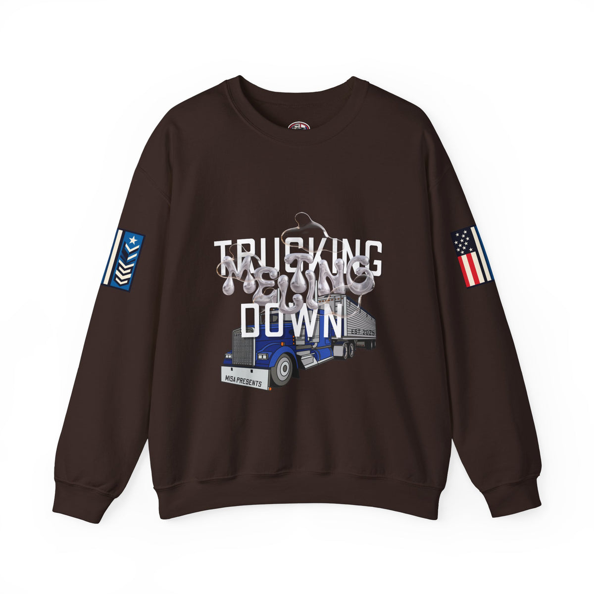Charcoal Printify trucking meltdown sweatshirt with graphic print, featuring a casual fit and soft fabric for comfortable wear.