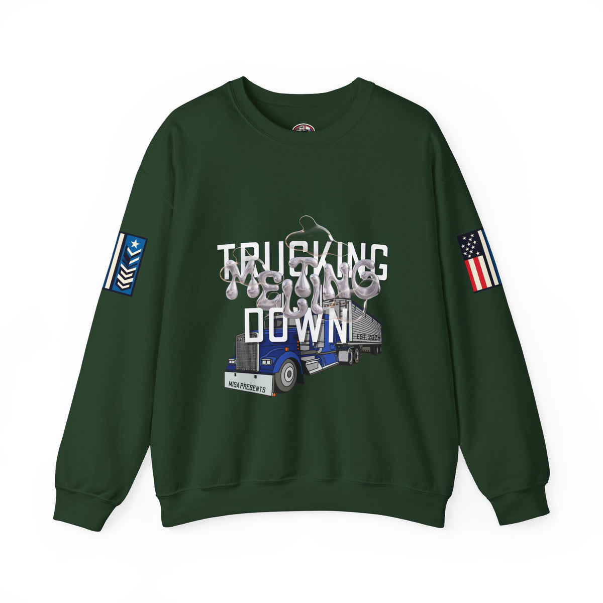 Charcoal Trucking Meltdown Sweatshirt by Printify featuring a graphic print, comfortable fit, casual style for everyday wear.