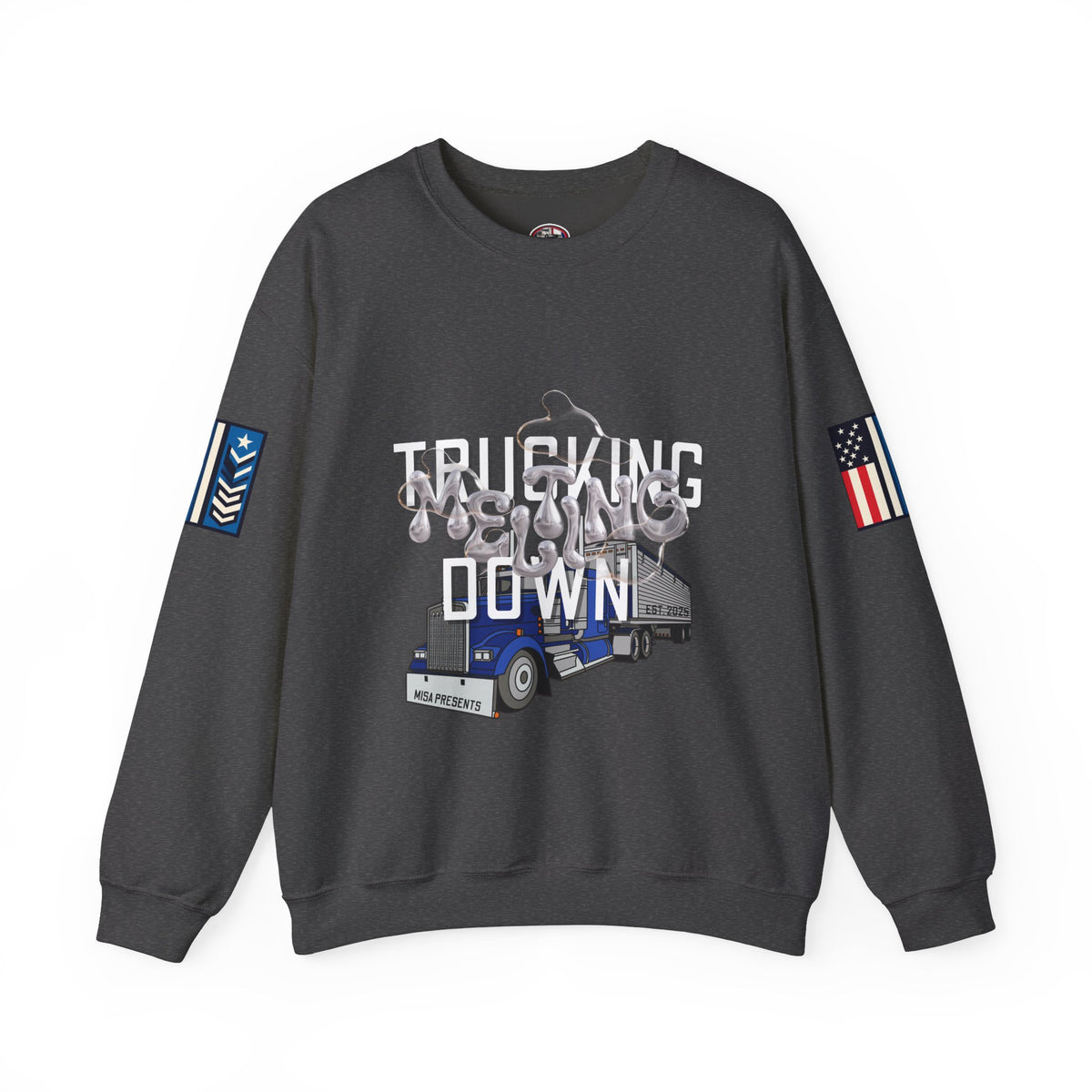 Charcoal trucking meltdown sweatshirt by Printify featuring bold graphic design on a cozy sweatshirt.
