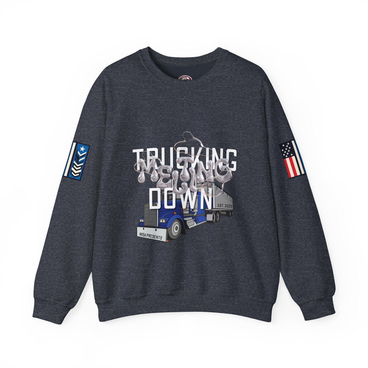 Charcoal trucking meltdown sweatshirt by Printify, featuring a casual fit and truck-themed graphic design.