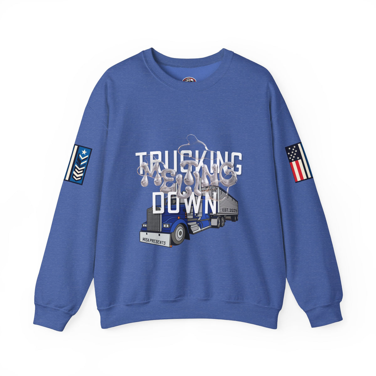 Charcoal trucking meltdown sweatshirt by Printify featuring a relaxed fit and bold graphic design on the front.