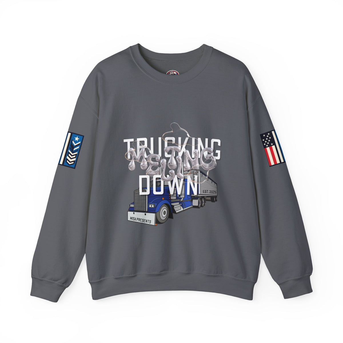 Charcoal Printify trucking meltdown sweatshirt with bold graphic design and comfortable fit.