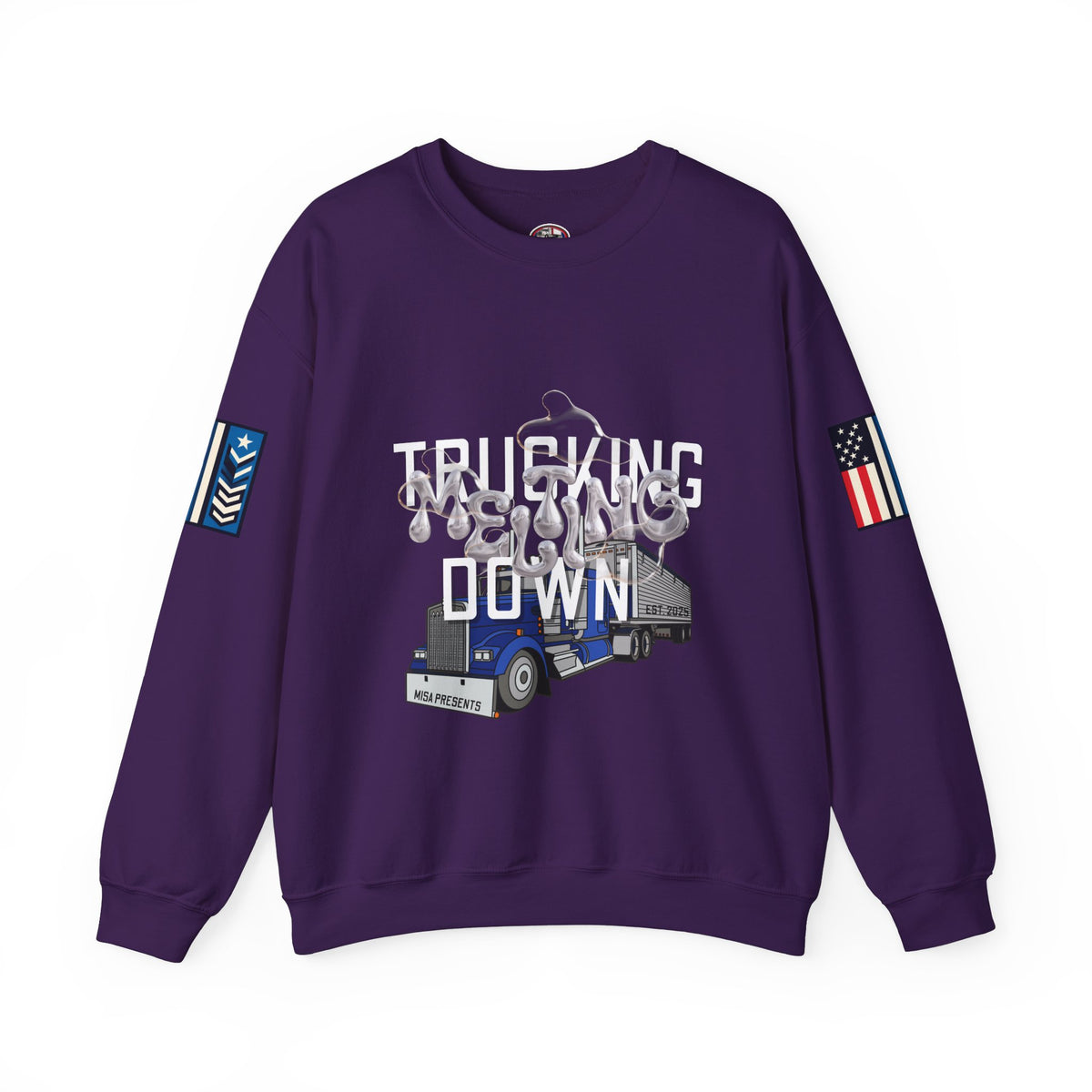 Charcoal Printify Trucking Meltdown sweatshirt with graphic design, casual fit, soft fabric, ideal for comfortable everyday wear.