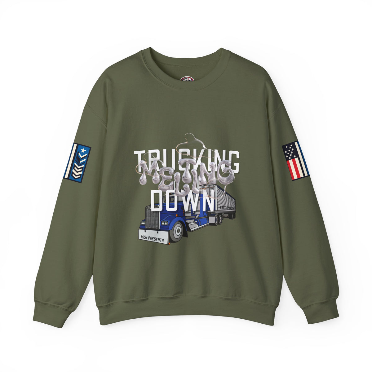 Charcoal Trucking Meltdown sweatshirt by Printify featuring a casual, comfortable sweatshirt with trucking-themed design.