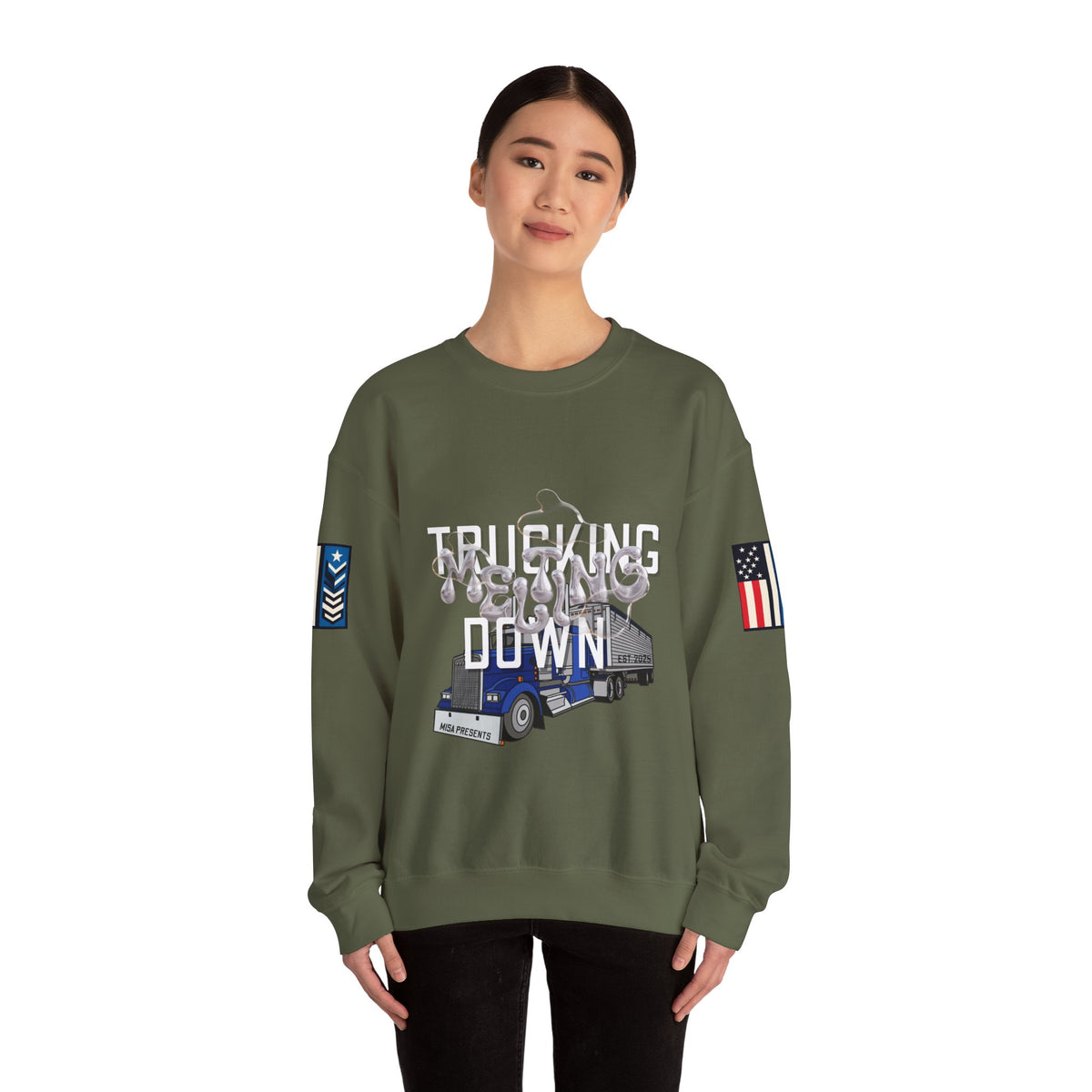 Charcoal Trucking Meltdown sweatshirt by Printify featuring a casual fit and printed graphic design on the front.