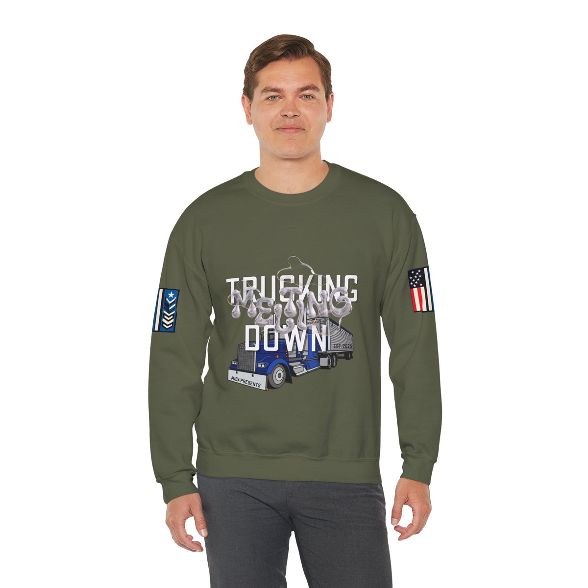 Charcoal Trucking Meltdown Sweatshirt by Printify featuring a casual crewneck design with bold trucking graphic print.
