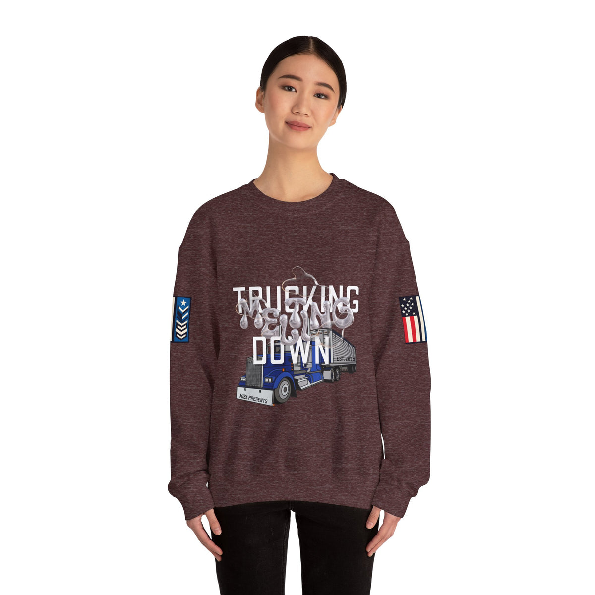 Charcoal Trucking Meltdown Sweatshirt by Printify featuring a casual fit and printed graphic design.