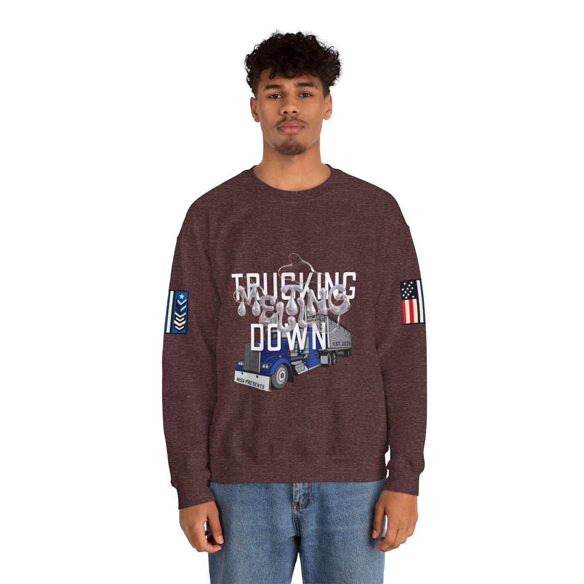 Charcoal trucking meltdown sweatshirt by Printify featuring a casual, comfortable sweatshirt with a truck-themed graphic.