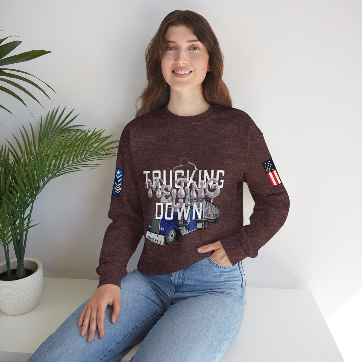 Charcoal Trucking Meltdown Sweatshirt by Printify featuring a relaxed fit and comfortable cotton fabric.