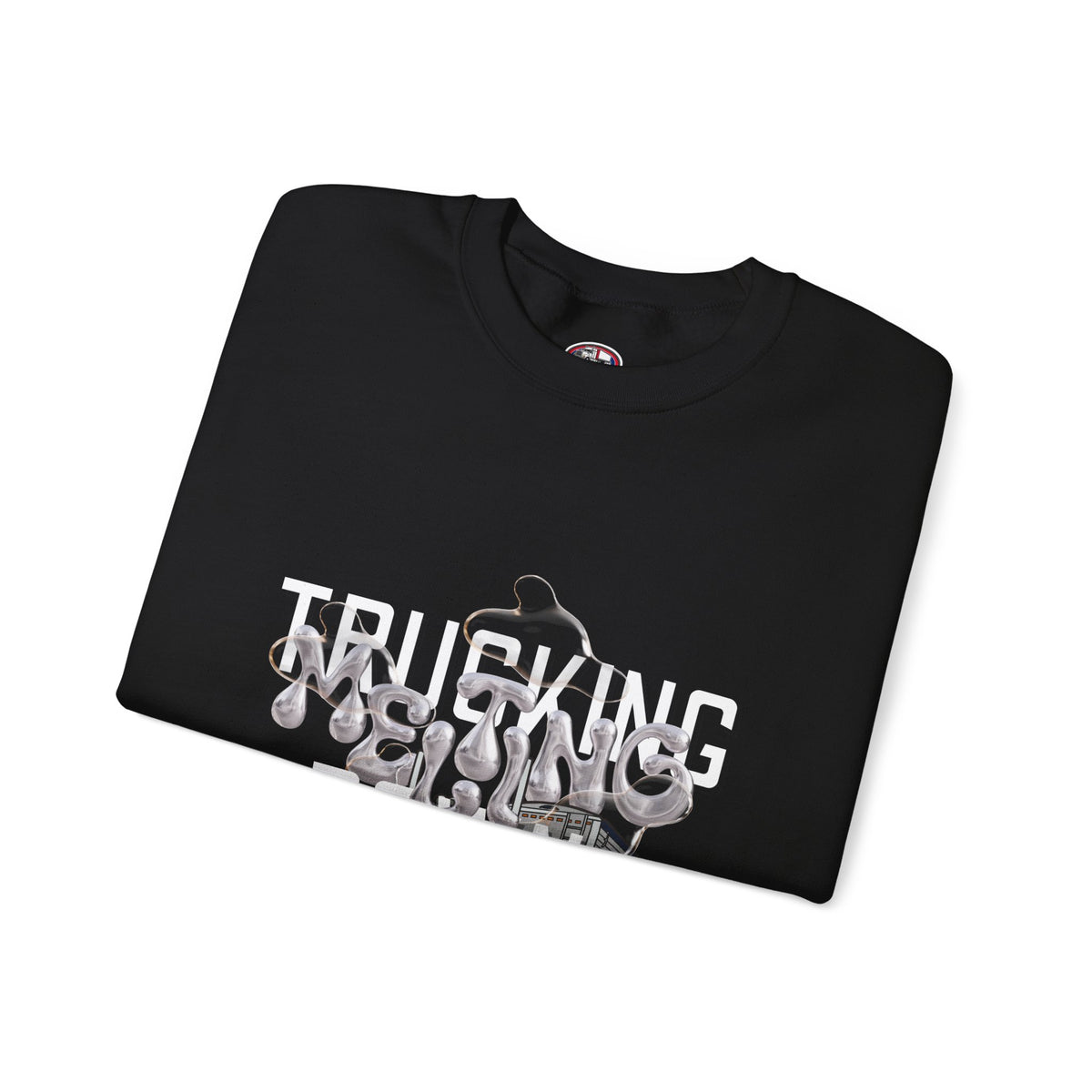 Charcoal Trucking Meltdown Sweatshirt by Printify featuring bold truck graphic and cozy fabric for casual wear.