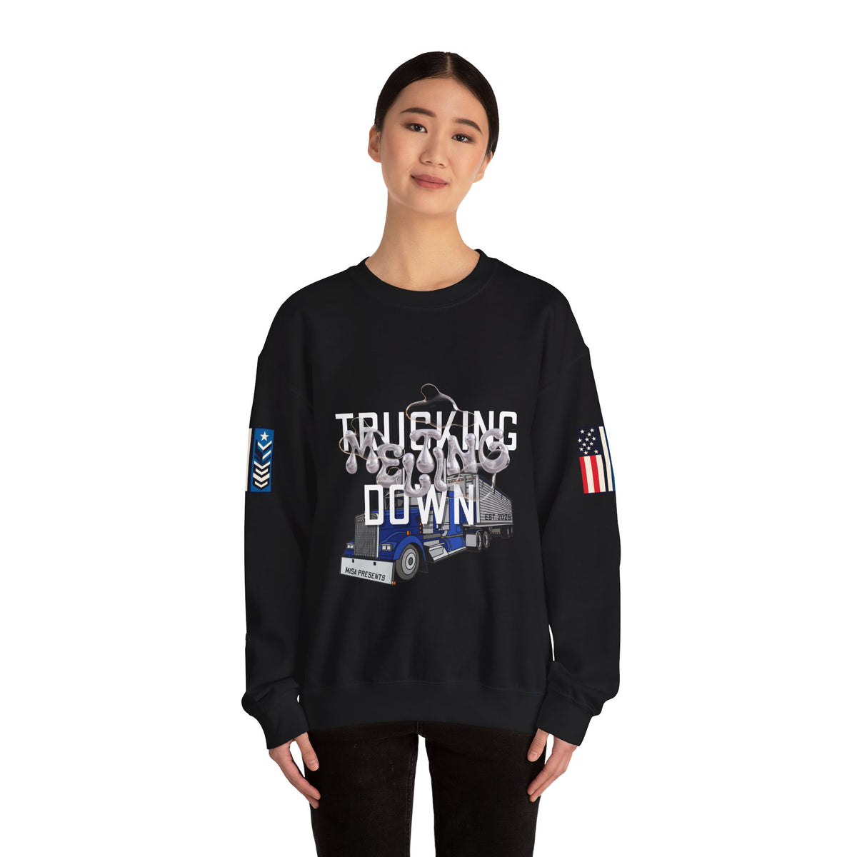 Charcoal Printify Trucking Meltdown sweatshirt with graphic print, cozy crewneck style perfect for casual wear.