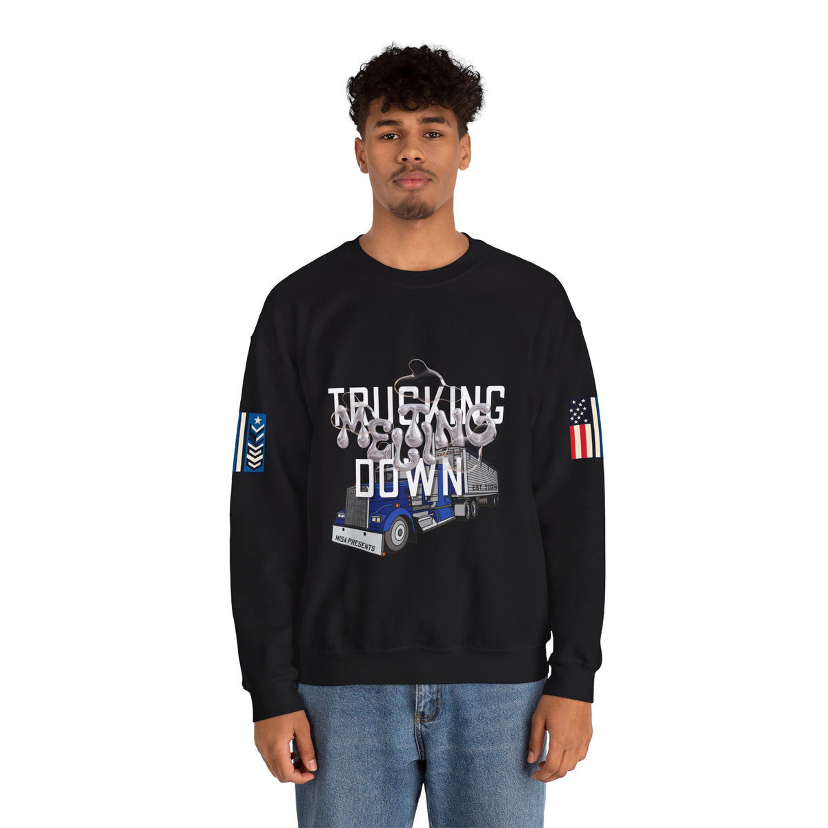 Charcoal Printify Trucker Meltdown sweatshirt with graphic design, soft fabric, and comfortable fit for casual wear.