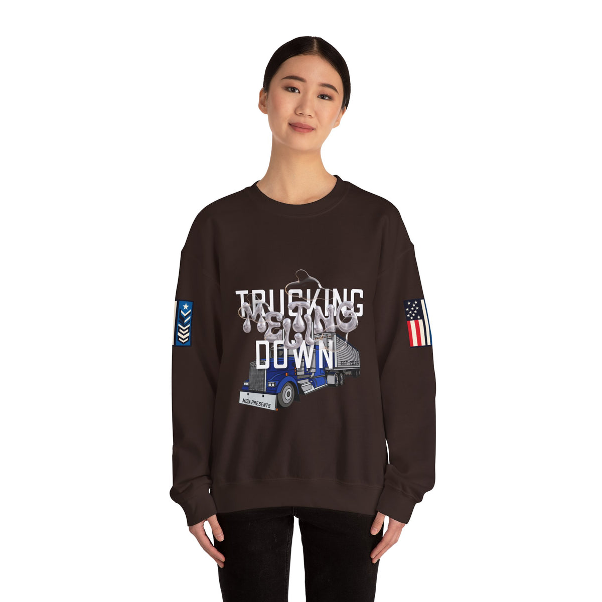 Charcoal Printify Trucking Meltdown sweatshirt featuring a casual crewneck design and trucking-themed graphic.